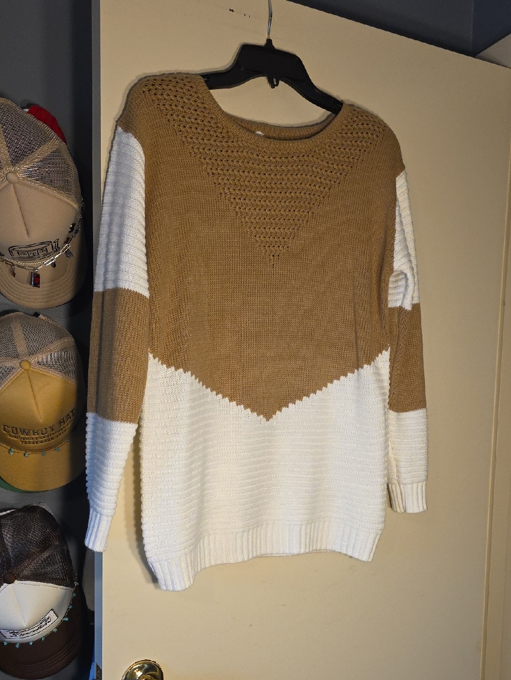 Cozy Two-Tone Camel and White Knit Sweater